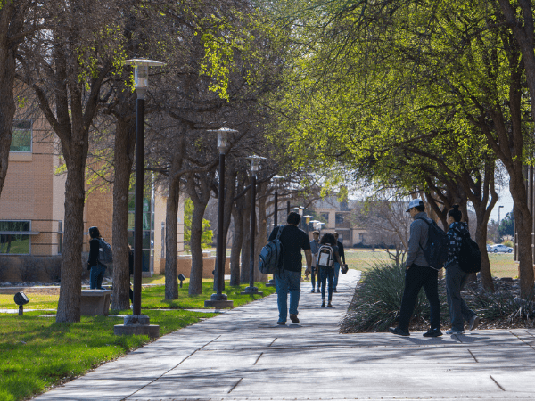 Estudiantes caminando por la acera frente a la biblioteca.