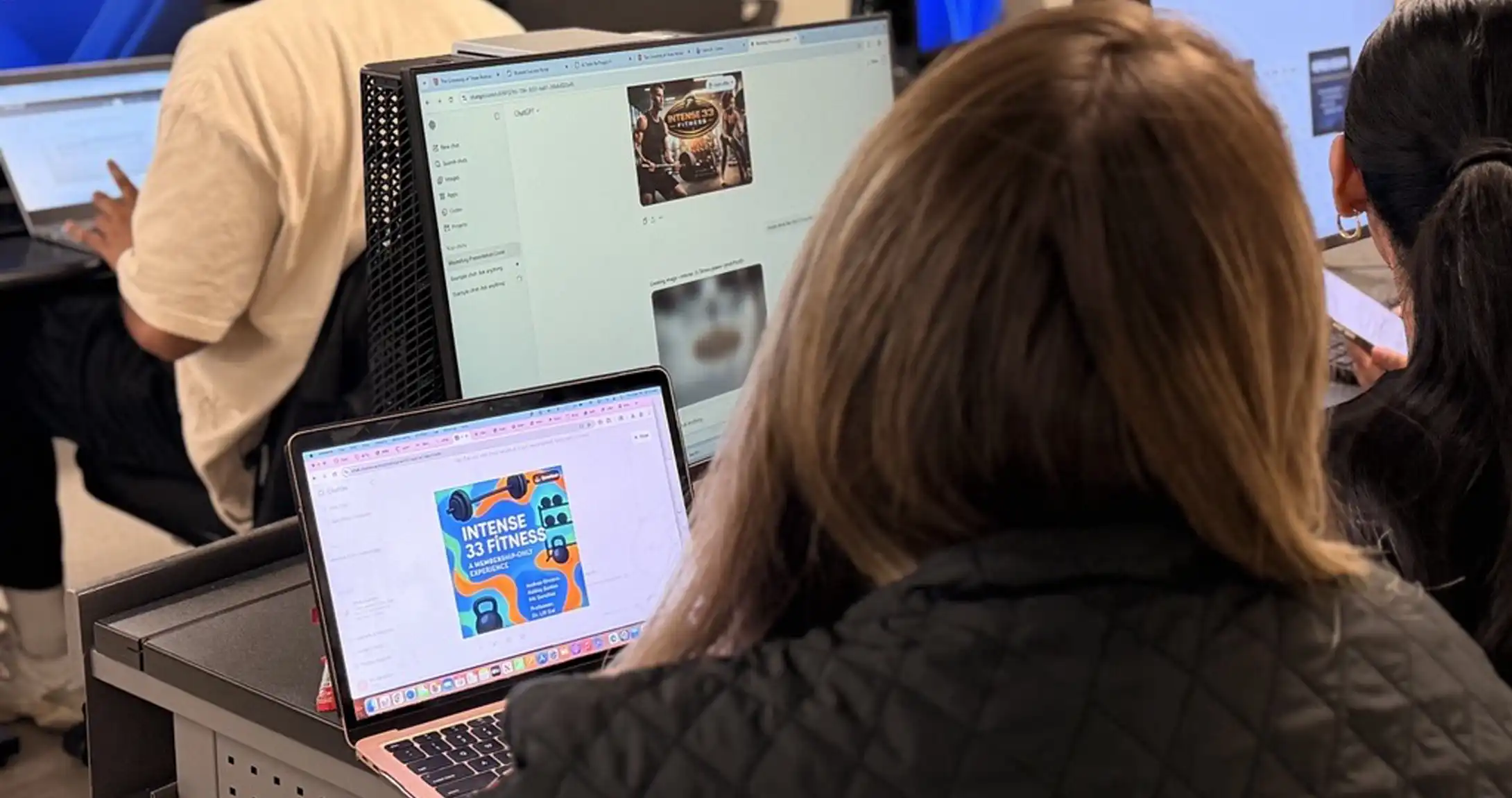 Students in Lili Gai's class with laptops open using AI to create a cover image for their project.  