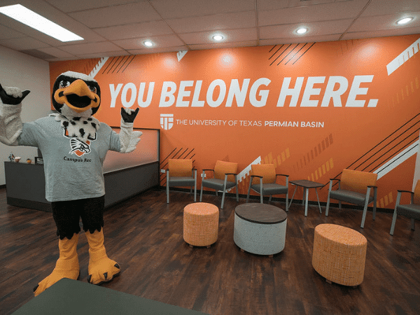 Freddy the Falcon standing in Welcome Center