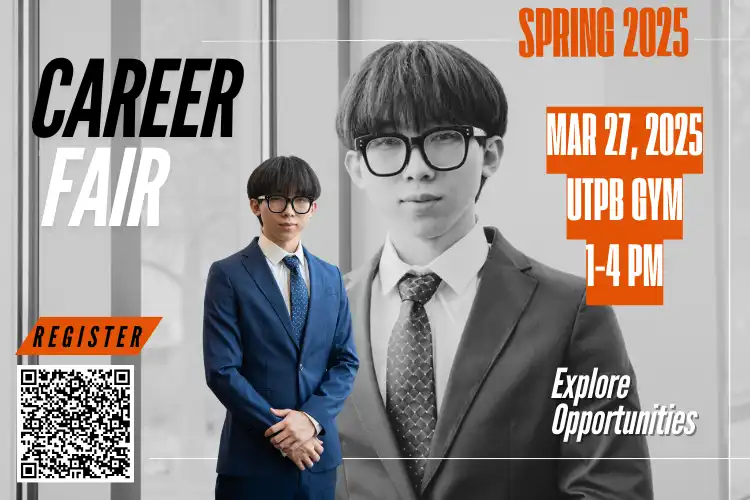 student in a suit with career fair details