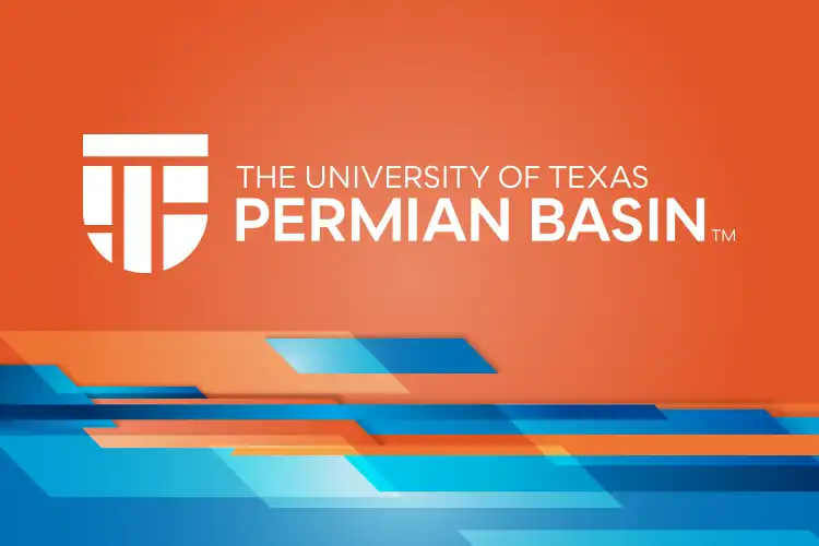 blue and orange geometric print with UTPB logo
