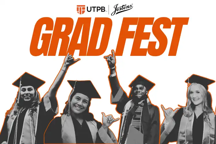 Students giving Falcons Up hand sign with GRAD FEST across the image