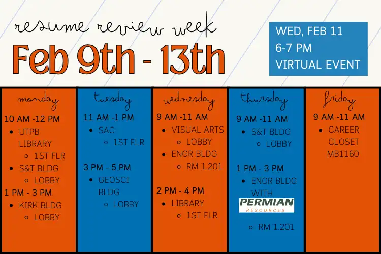 Resume Review Week at UT Permian Basin, February 9–13. In-person reviews held Monday through Friday at various campus locations. Virtual event on Wednesday, Feb. 11, from 6–7 p.m.