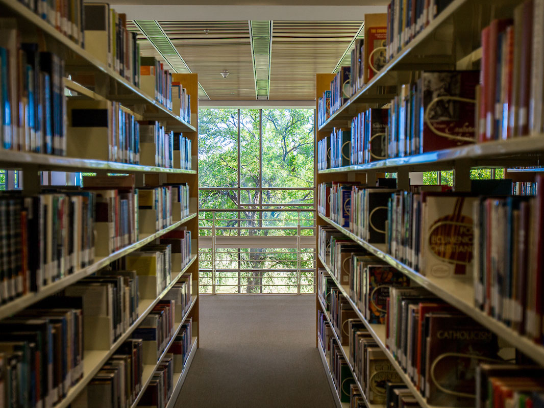 View of the quad through the library stacks