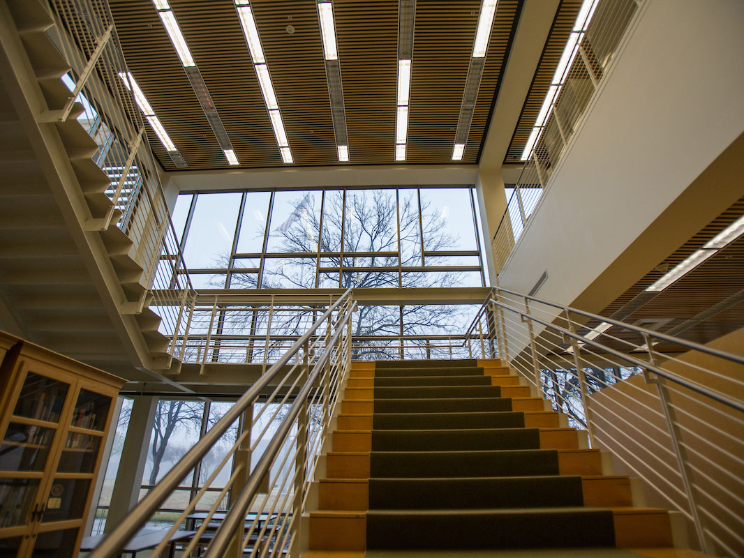 View up the stairs in the library