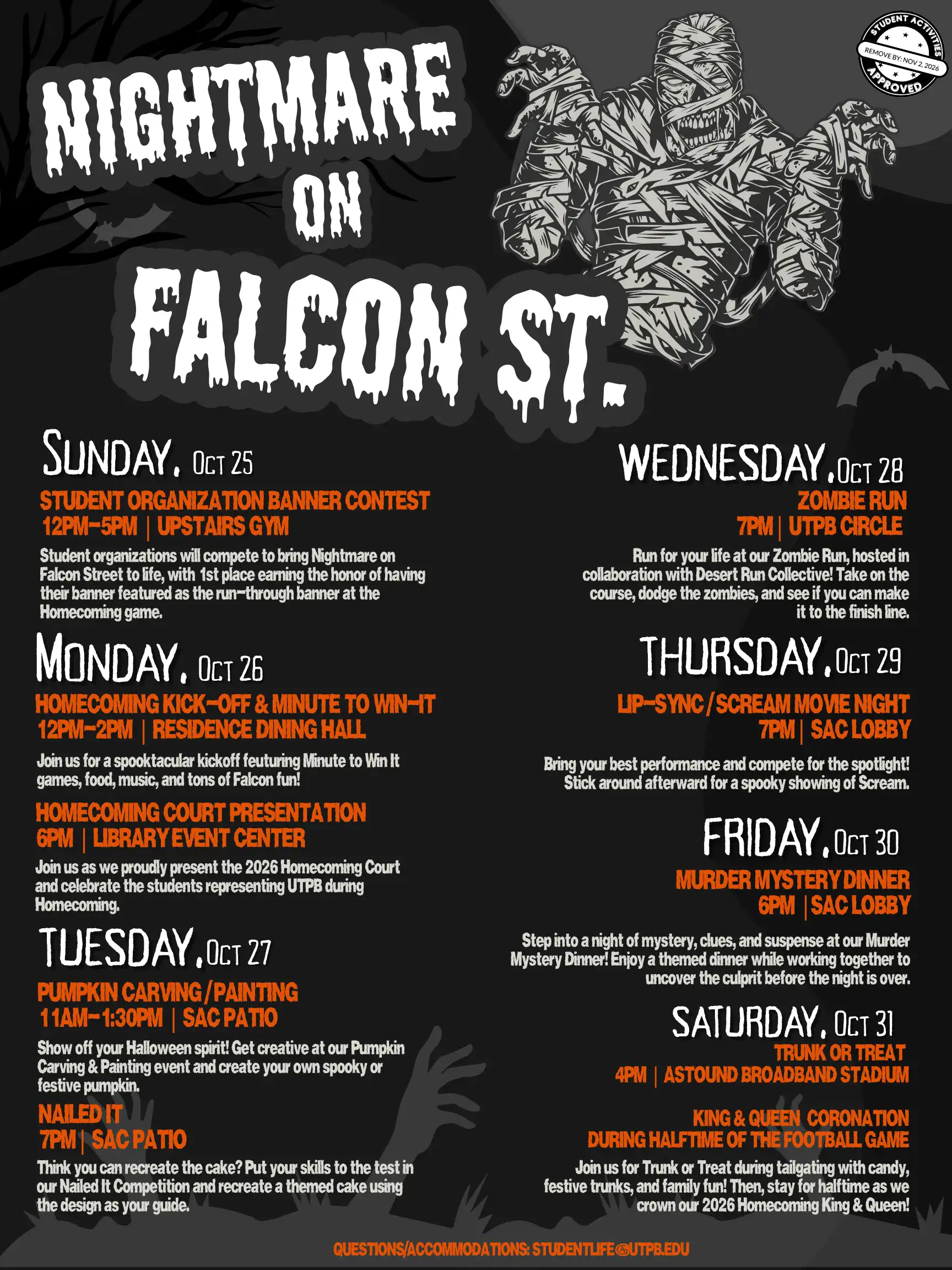 The schedule graphic for 2026 homecoming events