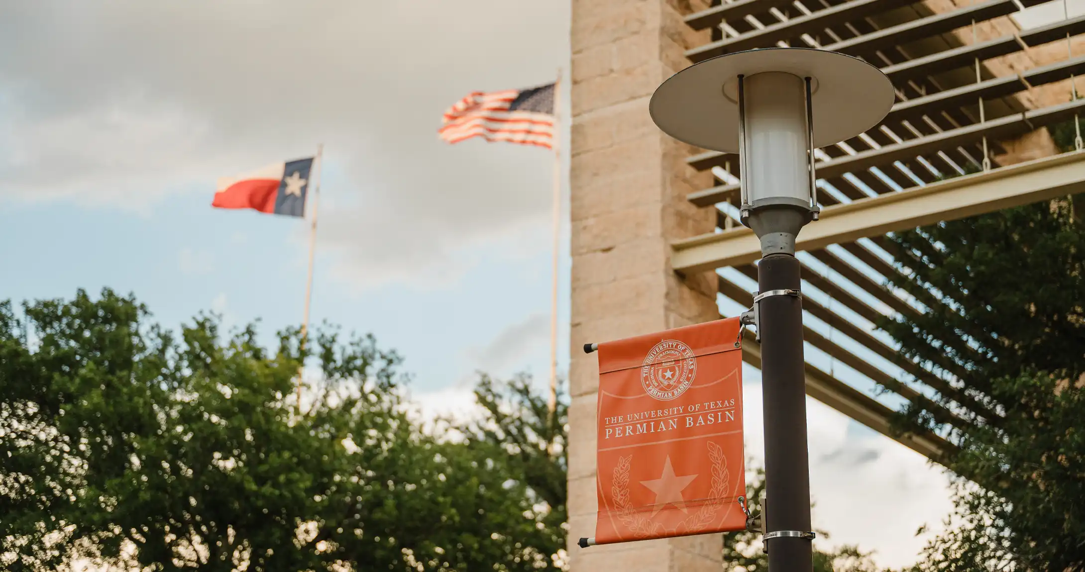 UTPB sign on a light pole on campus. 