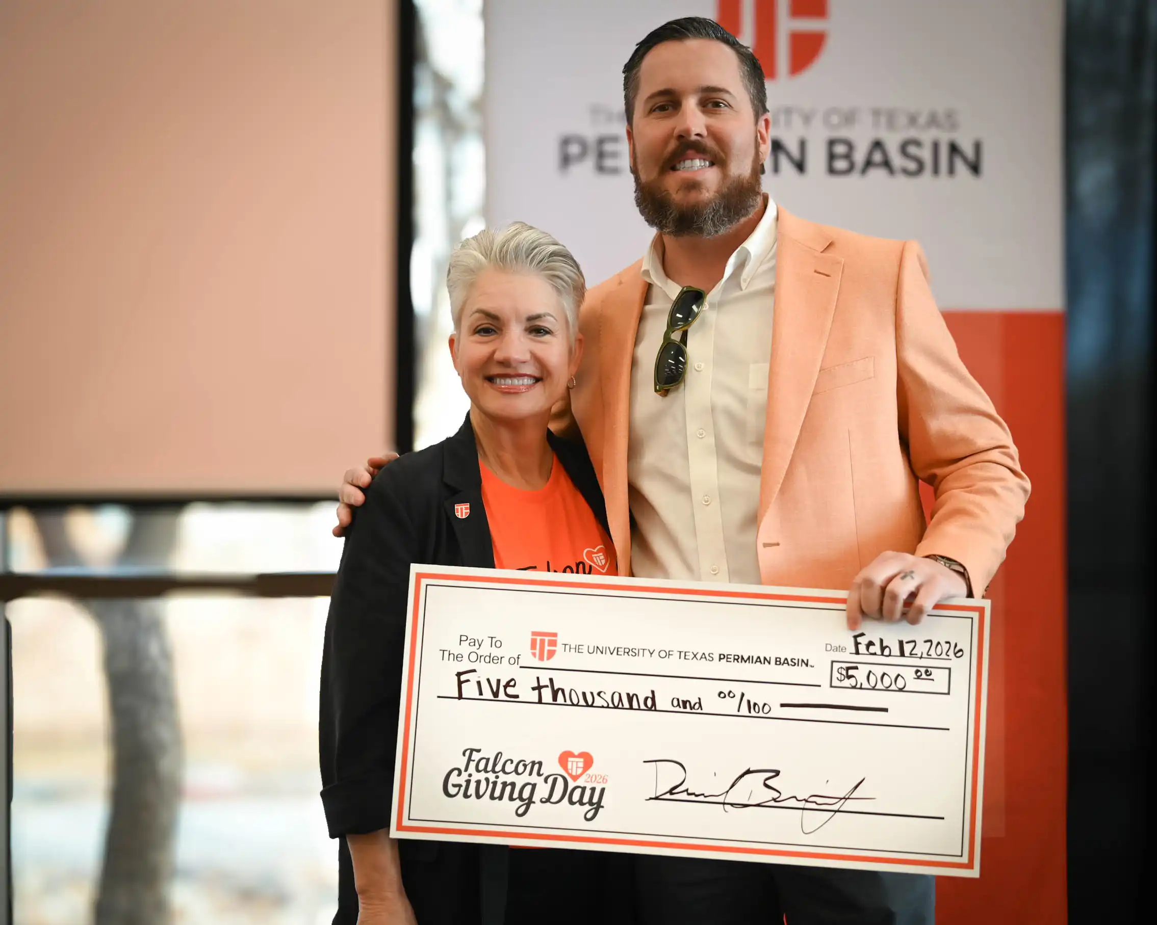 Daniel Bright with UTPB President Dr. Sandra Woodley on Falcon Giving Day.
