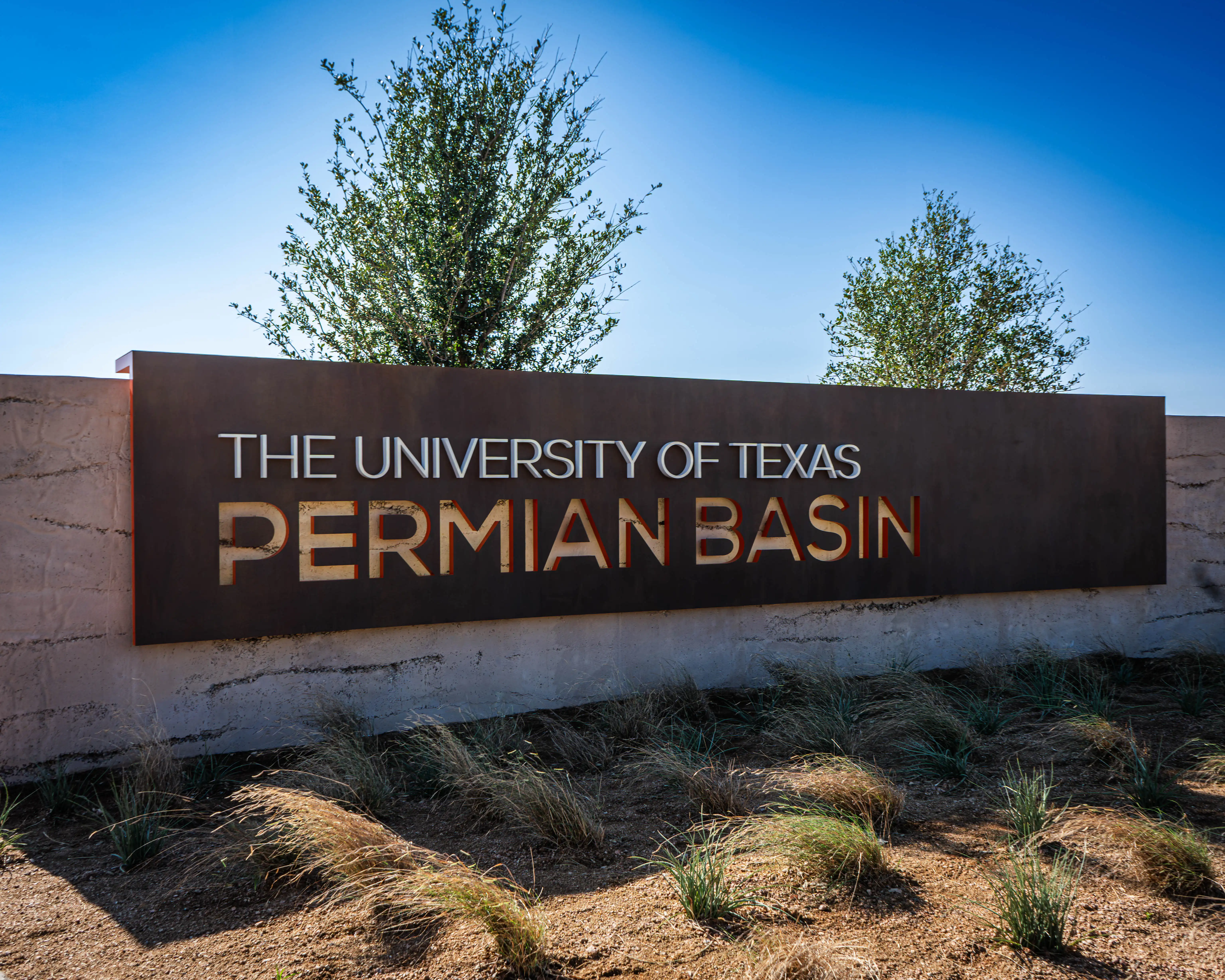 The new University of Texas Permian Basin signage built on specialized concrete and carved out of steel.