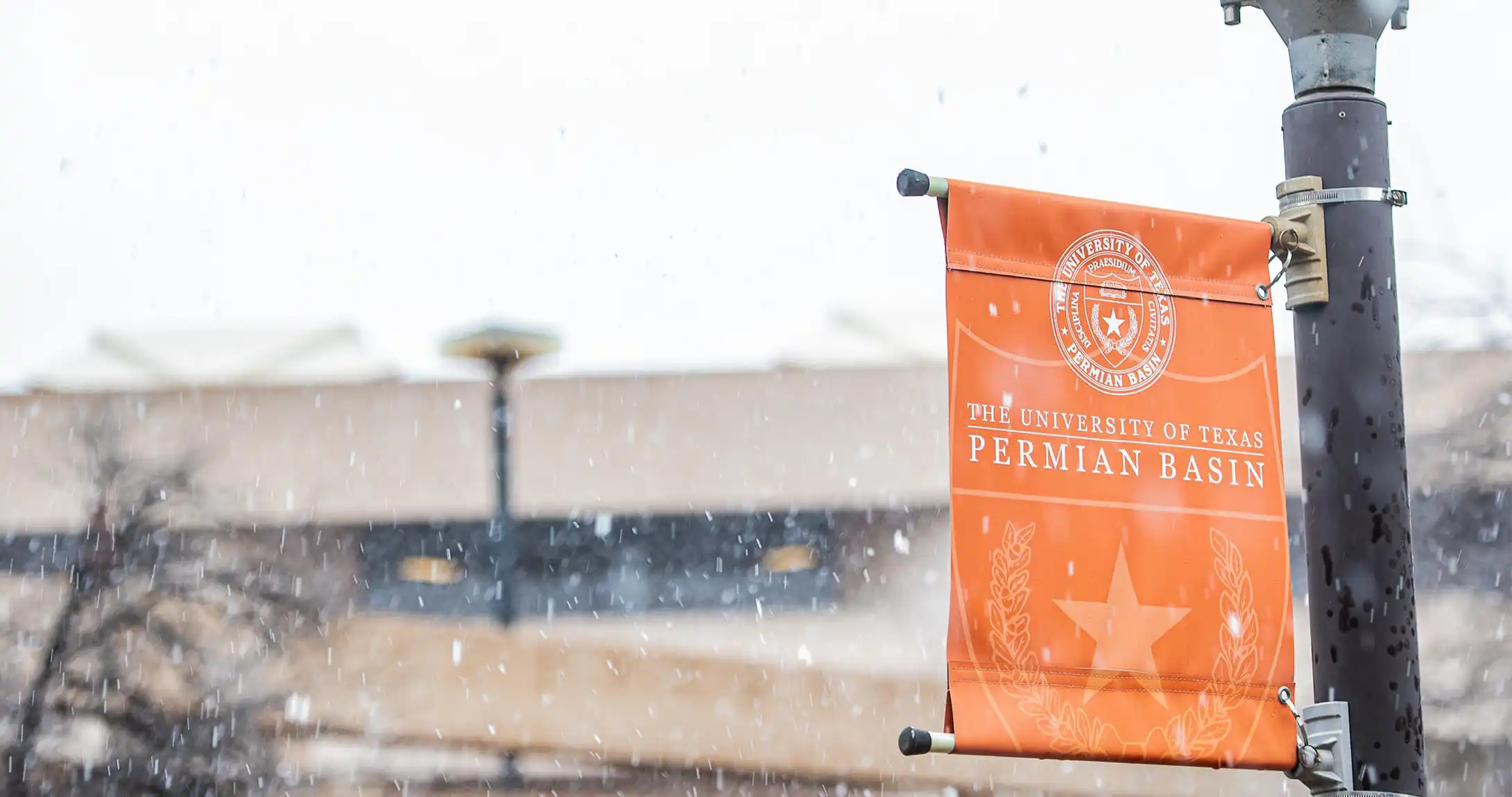 Snow falling on UTPB campus.