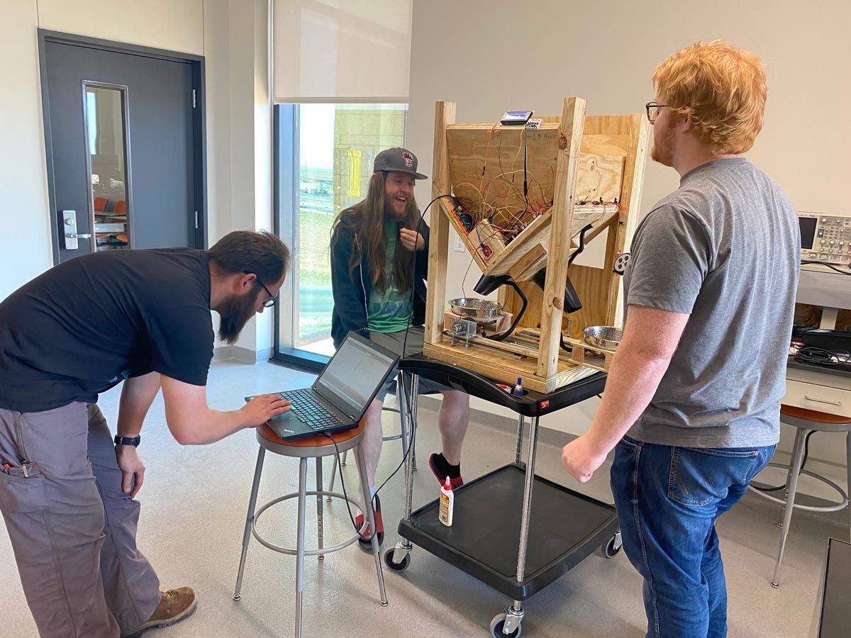 Electrical engineers working on automatic dog feeder