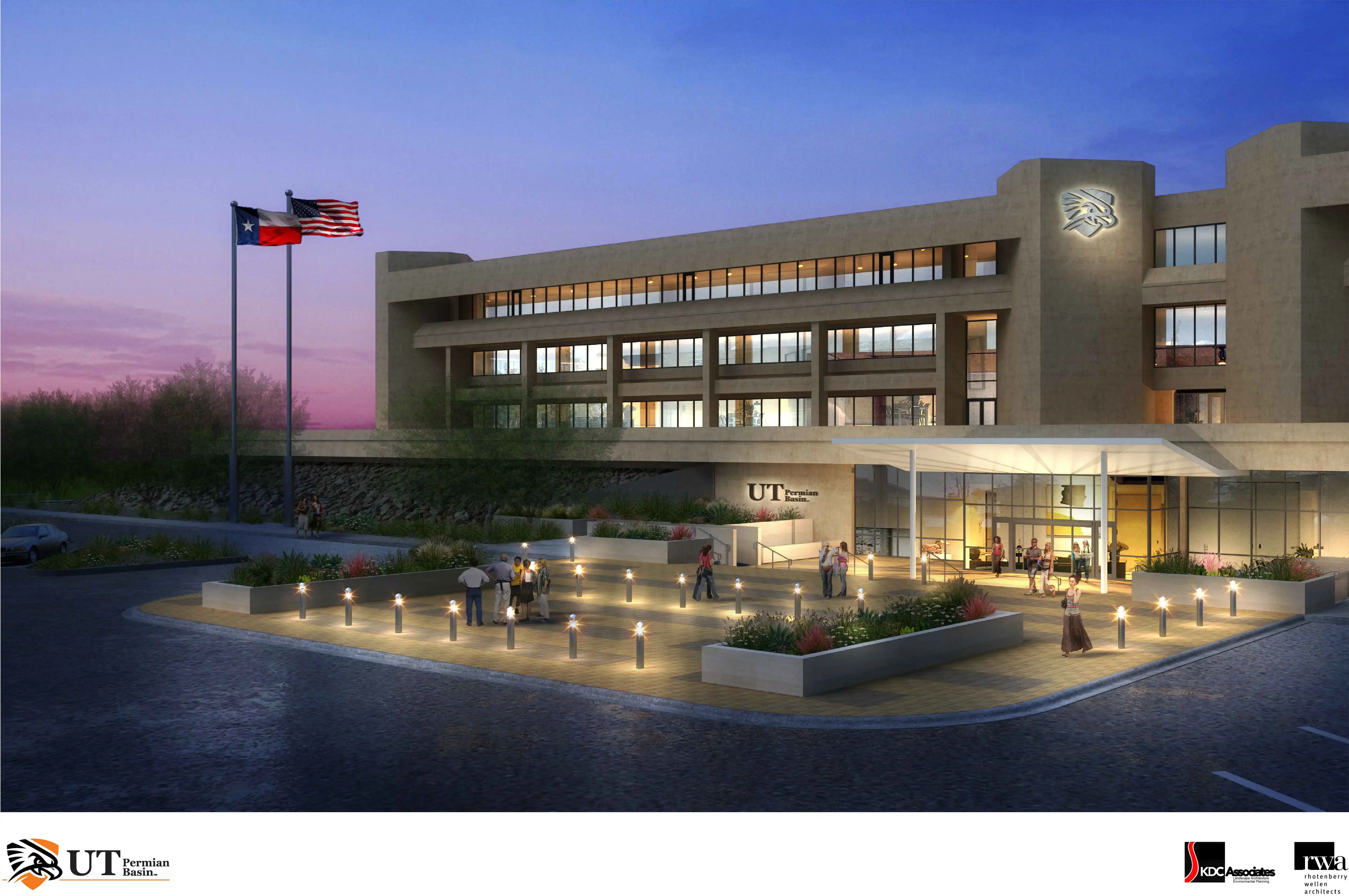 Mesa building entrance at night