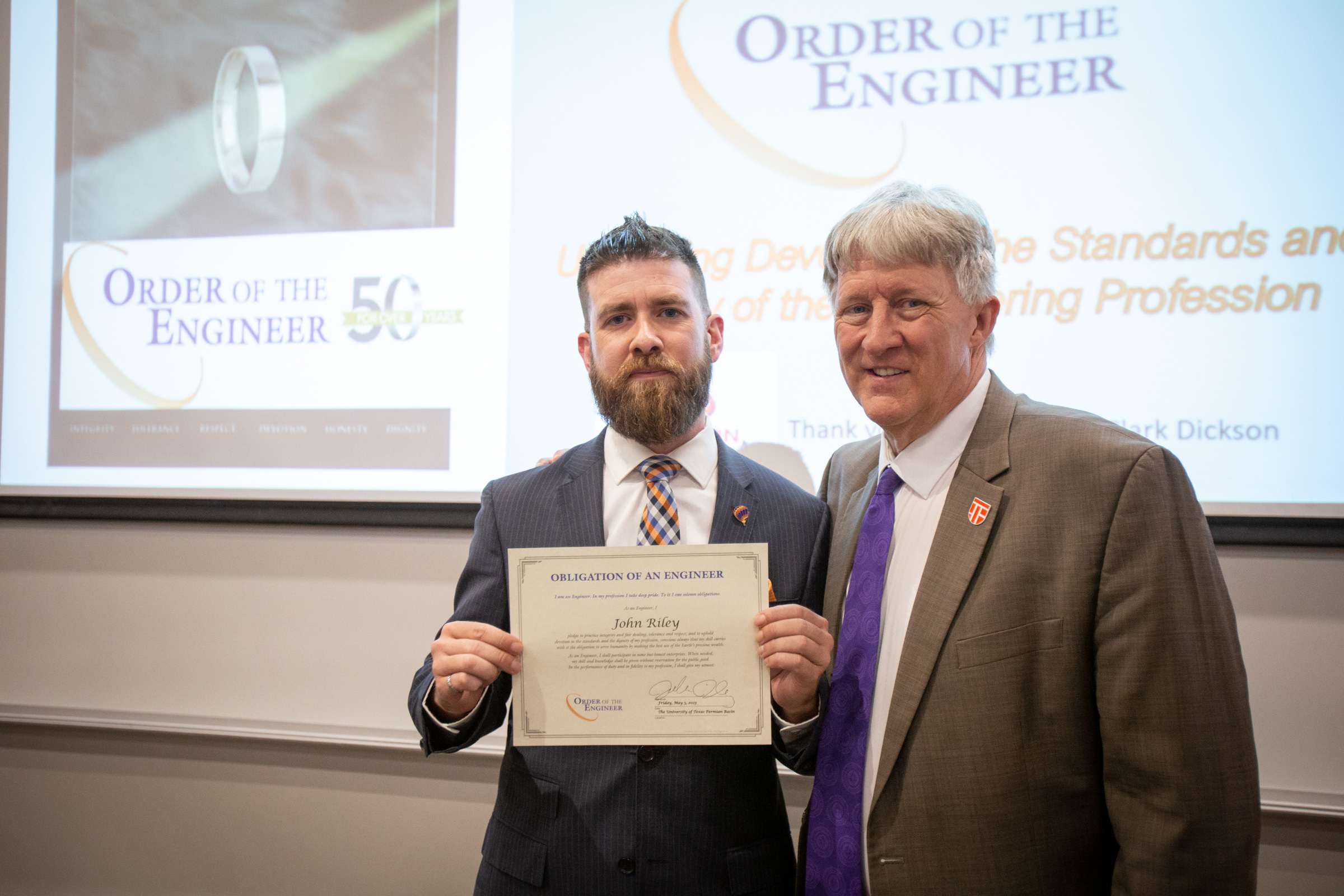 John Riley with Dean Rencis at Order of Engineer Ceremony