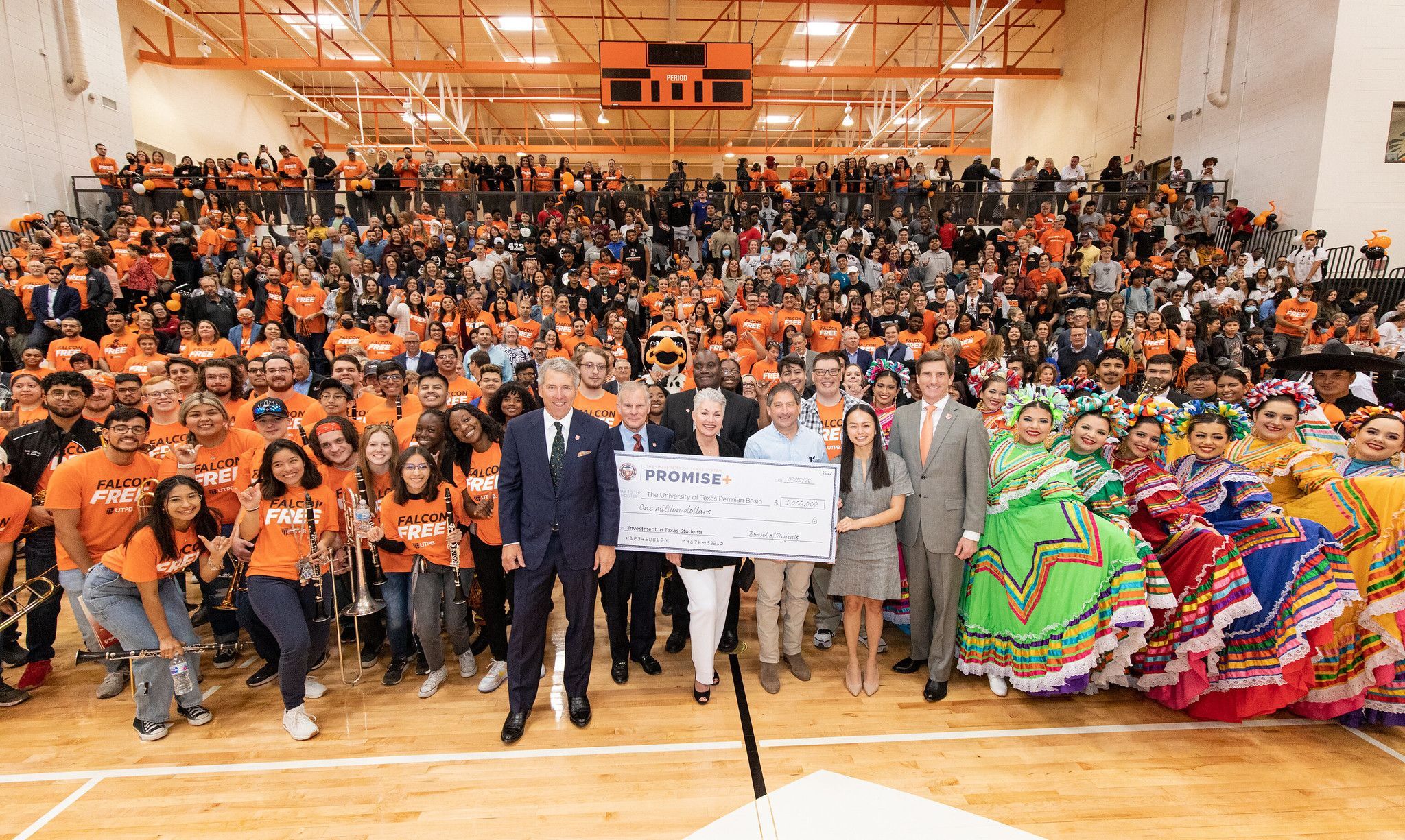 Falcon Free pep-rally group picture in UTPB gym