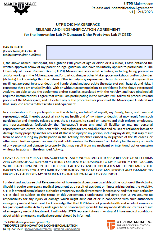 UTPB Makerspace Release and Indemnification Agreement