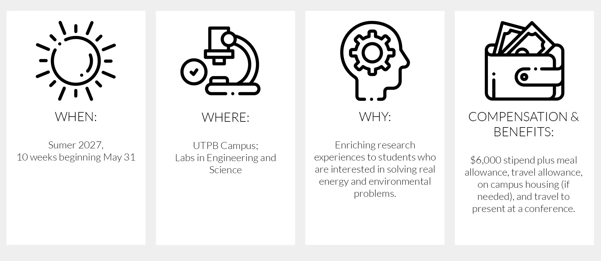 Summer 2027 research program: 10 weeks beginning May 31 at UT Permian Basin, with Engineering and Science labs. Participants receive a $6,000 stipend plus meal, travel, housing, and conference travel support.